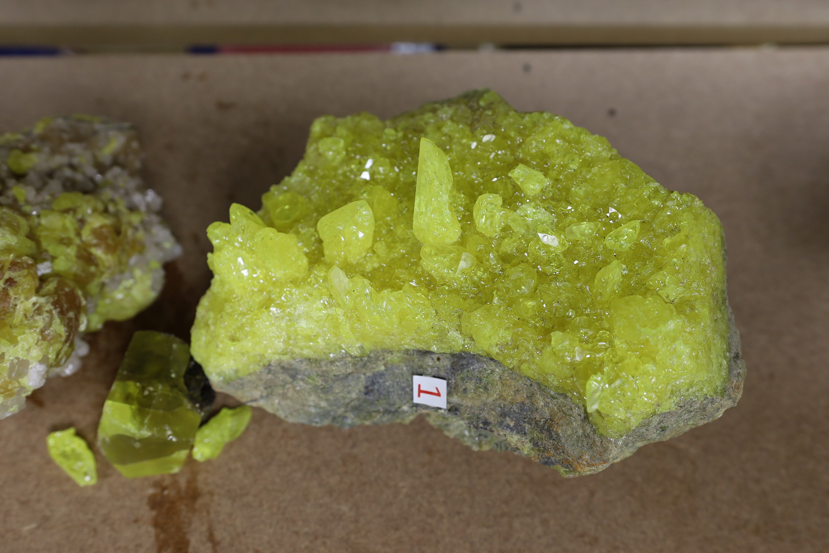 Three sulphur crystals, largest 13cm x 23cm